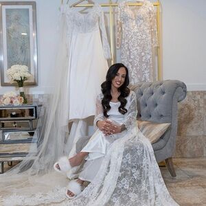 Elegant White Lace Bridal Gown PAJAMAS and slippers